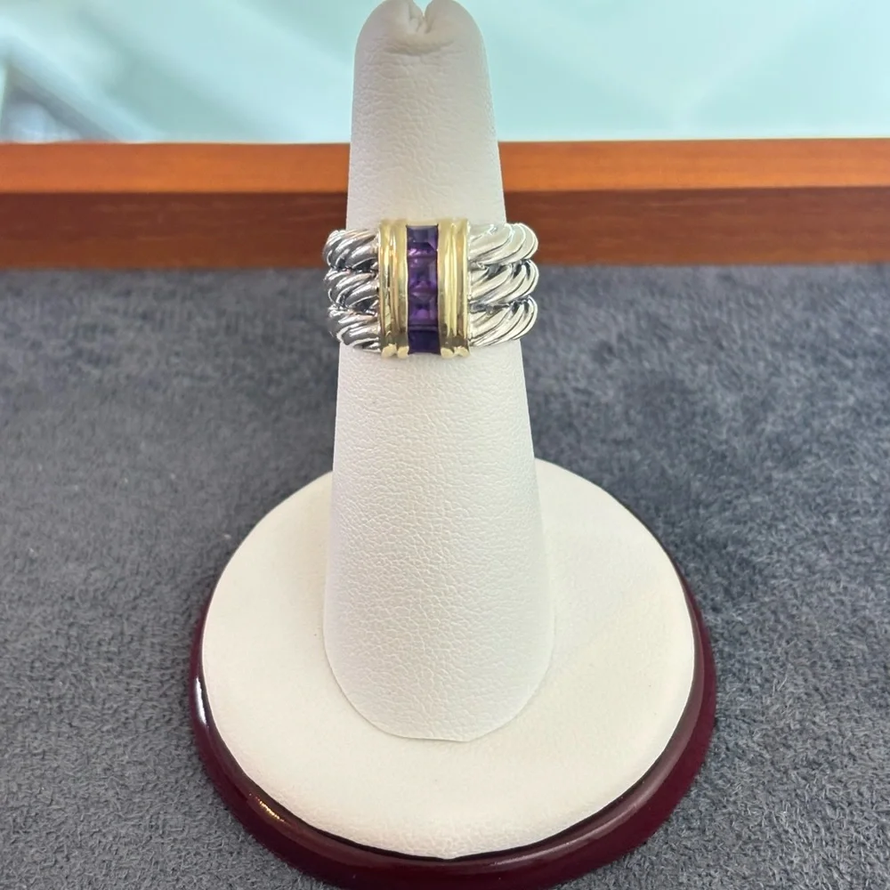 David Yurman 925 & 14k Gold Triple Cable Ring with Amethyst 5.5